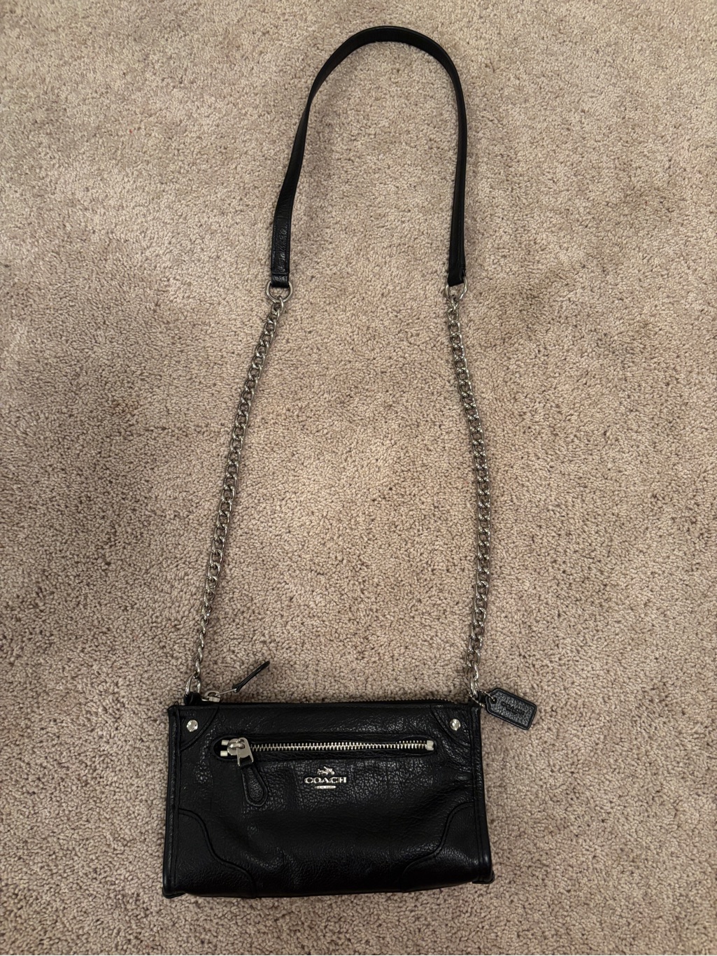 Coach Black Leather Crossbody With Silver Chain Strap